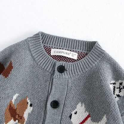 Unisex Kids Dog Knit Cardigan Sweater (18–24 Months to 8 Years) – Button-Front, Cozy Crew Neck