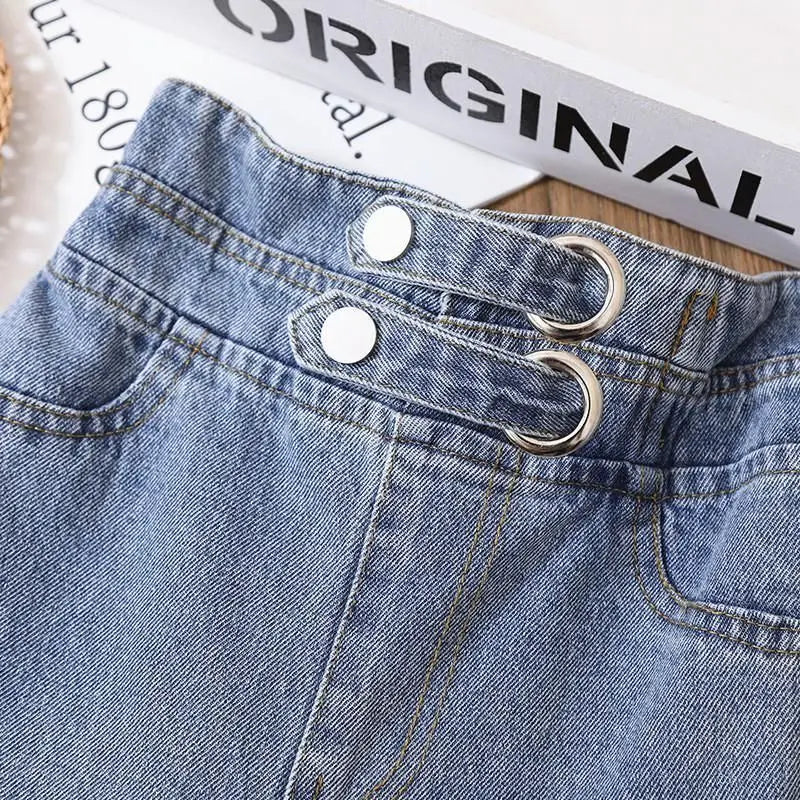 Double-Button D-Ring Wide-Leg Jeans for Girls