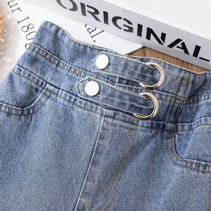 Double-Button D-Ring Wide-Leg Jeans for Girls