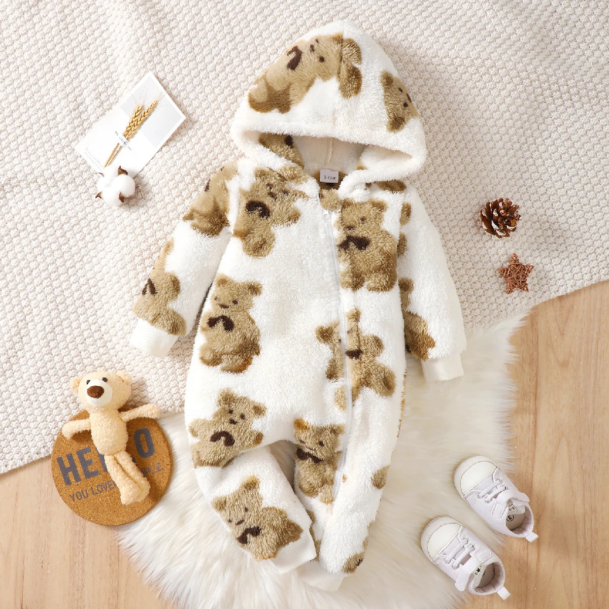 Winter Plush Baby Jumpsuit – Hooded Bear Romper with Slanted Zipper (3–24 Months)
