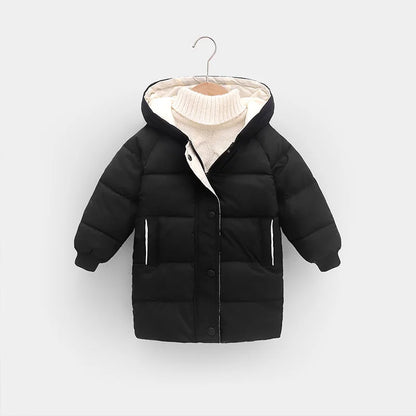 Hooded Winter Puffer Coat for Kids – Warm, Wind-Resistant Long Jacket