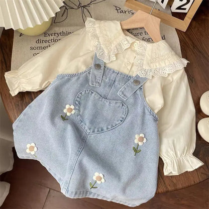 Daisy Embroidered Denim Pinafore Dress & Lace Collar Blouse Set