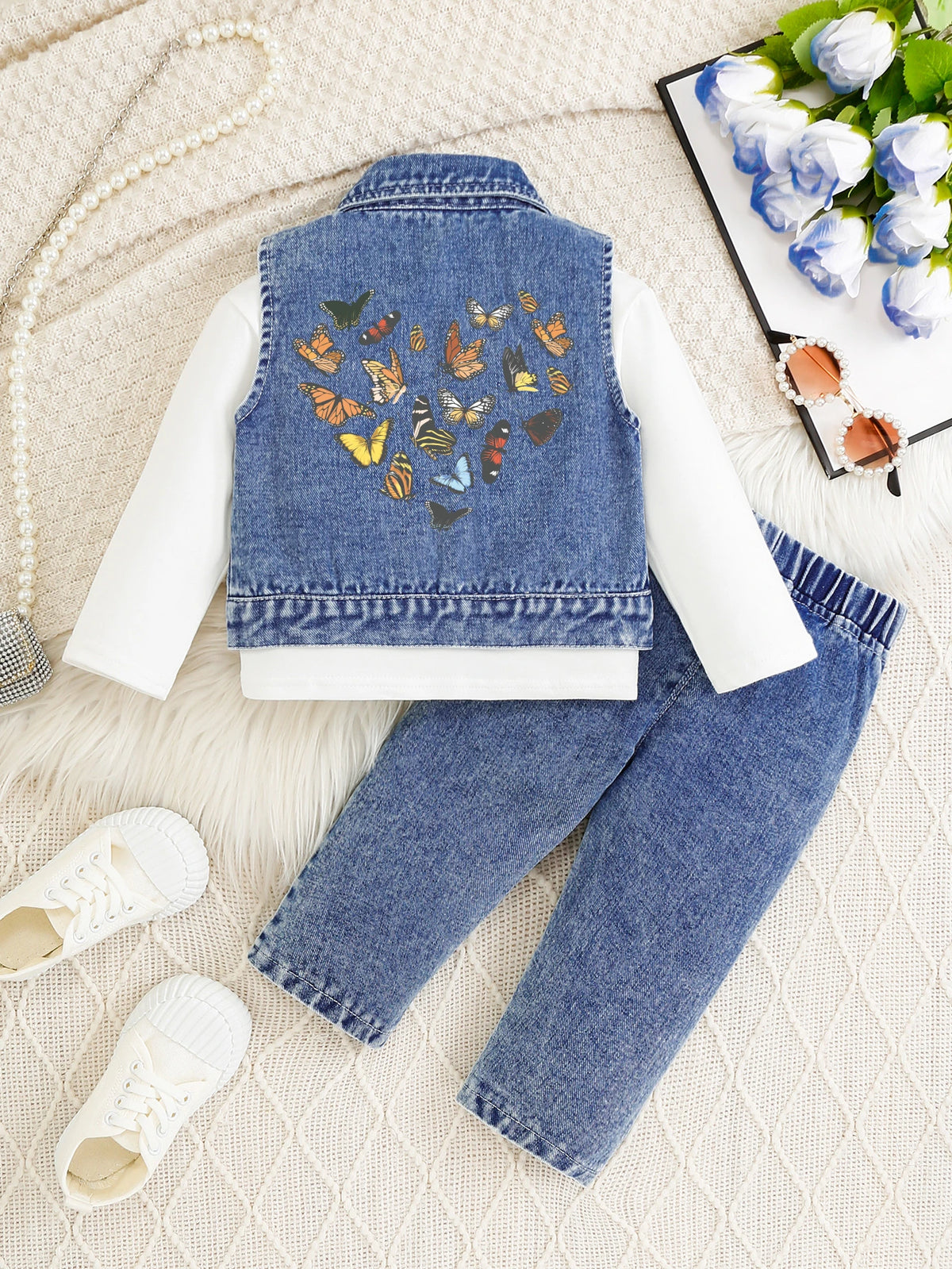 Butterfly Flight Girls’ Denim Vest & Pants 3-Piece Set
