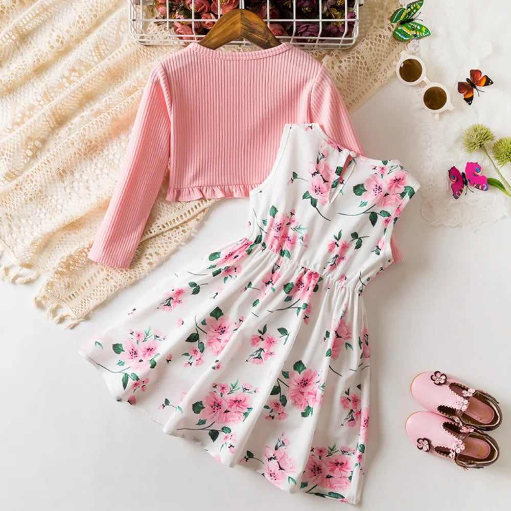 Floral Bow Dress & Ruffle-Trim Cardigan Set for Girls