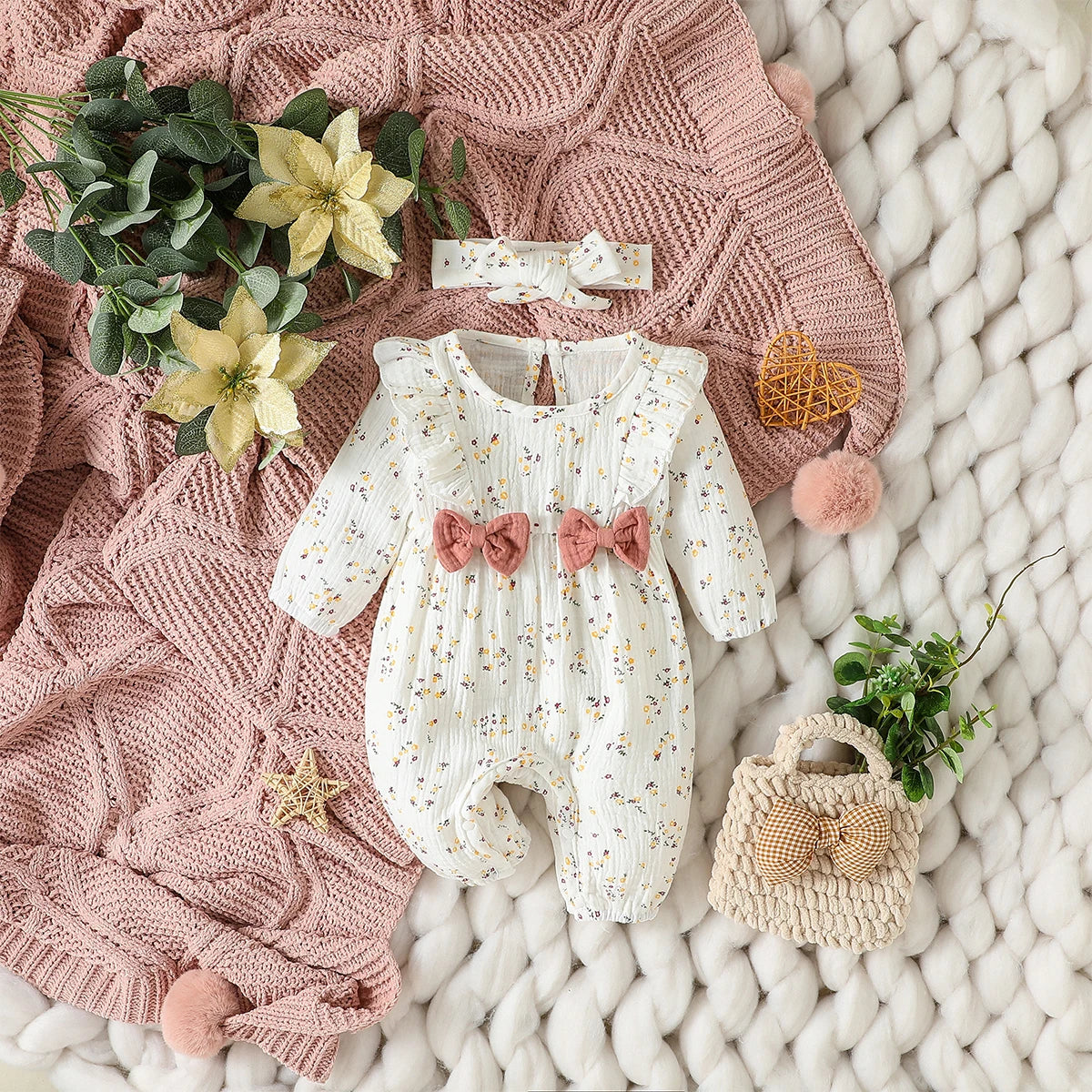 Bow-Detail Textured Cotton Romper & Headband Set for Baby Girls