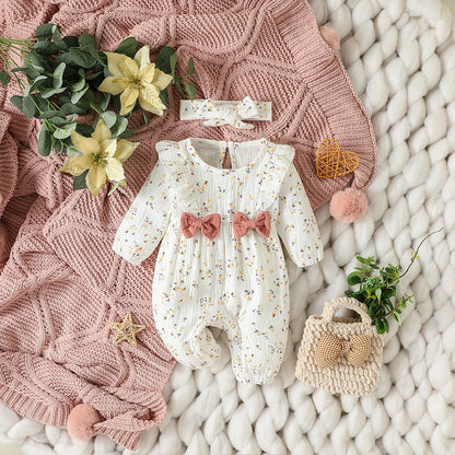Bow-Detail Textured Cotton Romper & Headband Set for Baby Girls