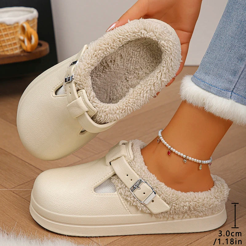 Faux Fur-Lined Buckle Clog Slippers for Girls