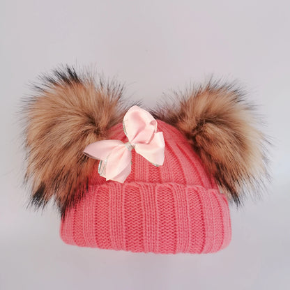 Double Pom Knit Beanie & Scarf Set with Bow