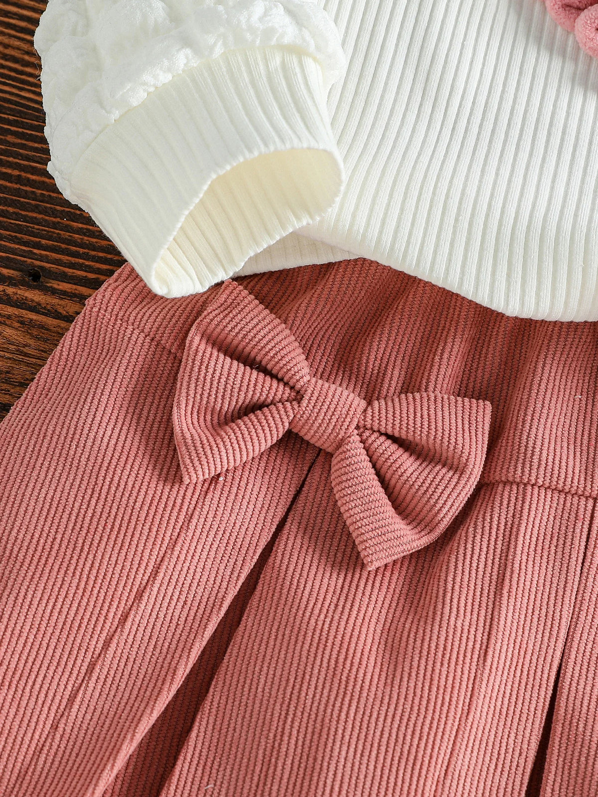 3D Heart Textured Sleeve Top & Pleated Skirt Set for Girls