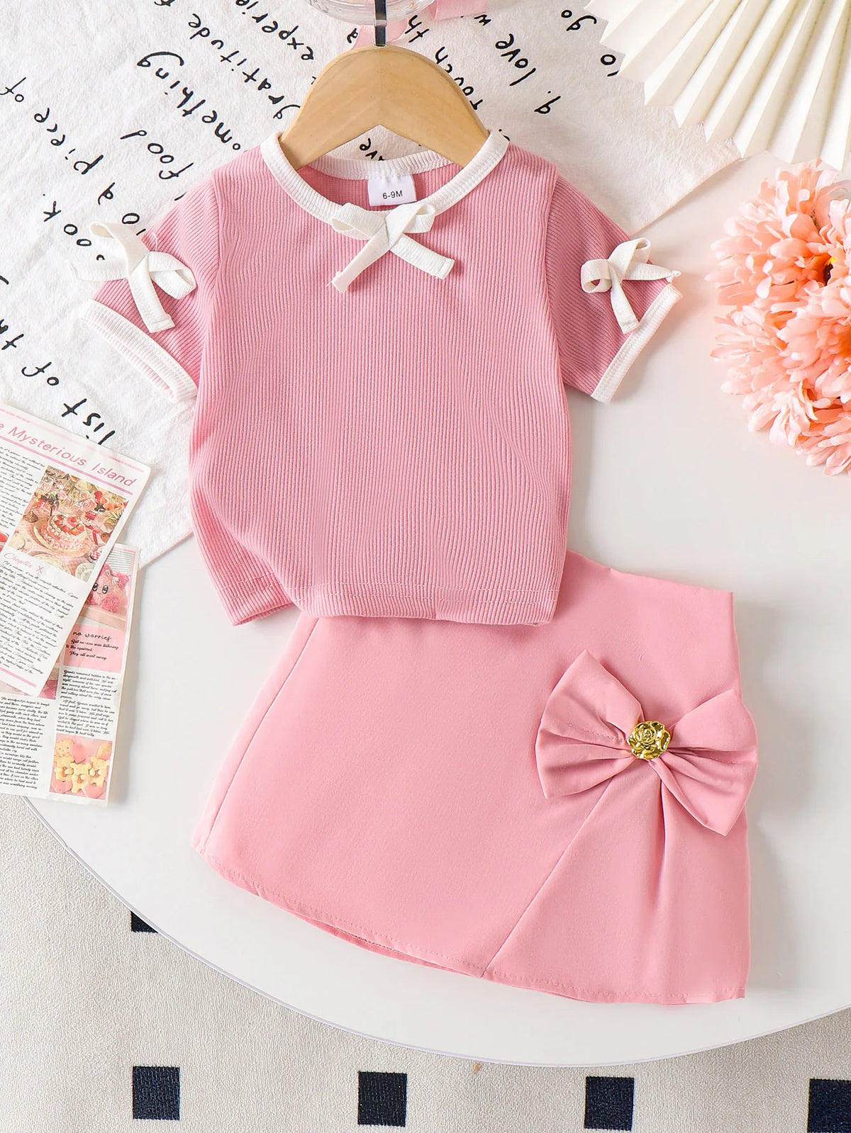 Rosette Ruffle Top & Pleated Skirt Set for Baby Girls
