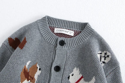 Unisex Kids Dog Knit Cardigan Sweater (18–24 Months to 8 Years) – Button-Front, Cozy Crew Neck