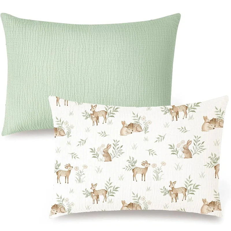 Forest Deer & Botanical Print Muslin Pillowcase for Kids