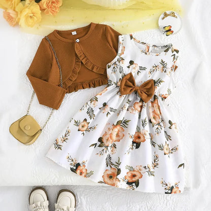 Floral Bow Dress & Ruffle-Trim Cardigan Set for Girls