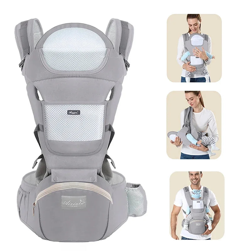 Breathable Mesh Baby Carrier with Hip Seat & Storage Pockets
