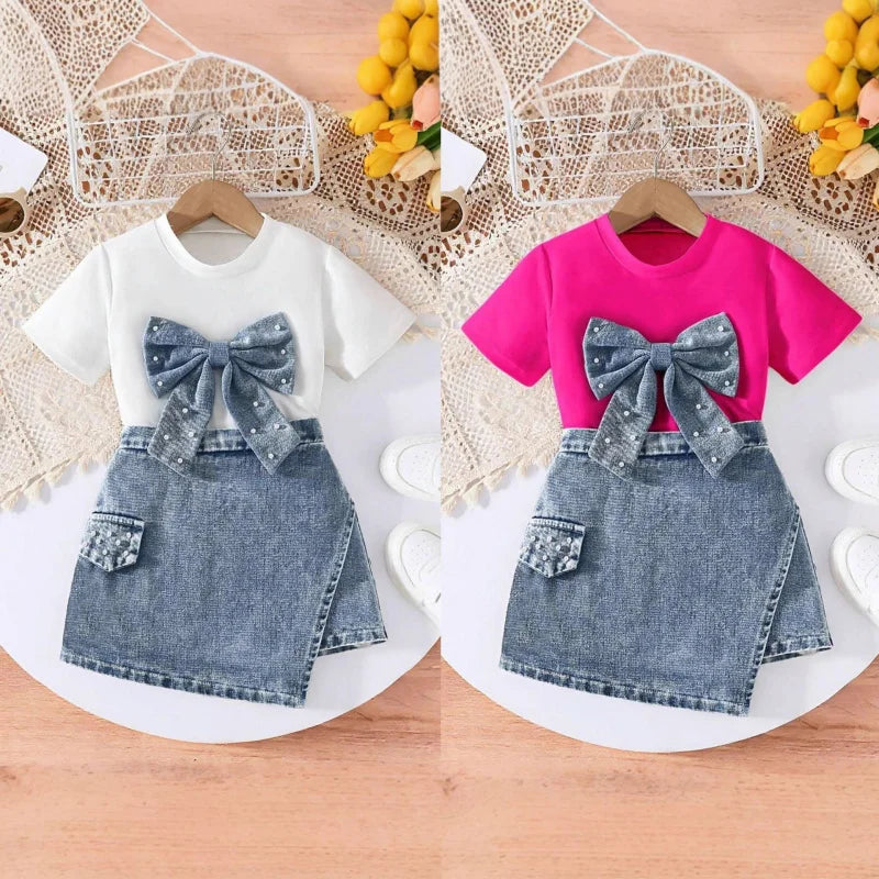 Pearl Bow Tee & Denim Wrap Skirt Set for Girls