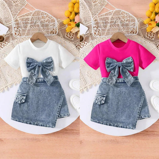 Pearl Bow Tee & Denim Wrap Skirt Set for Girls