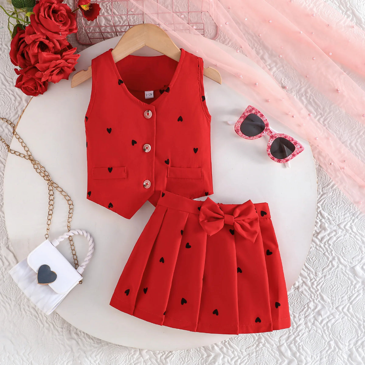 Rosette Ruffle Top & Pleated Skirt Set for Baby Girls