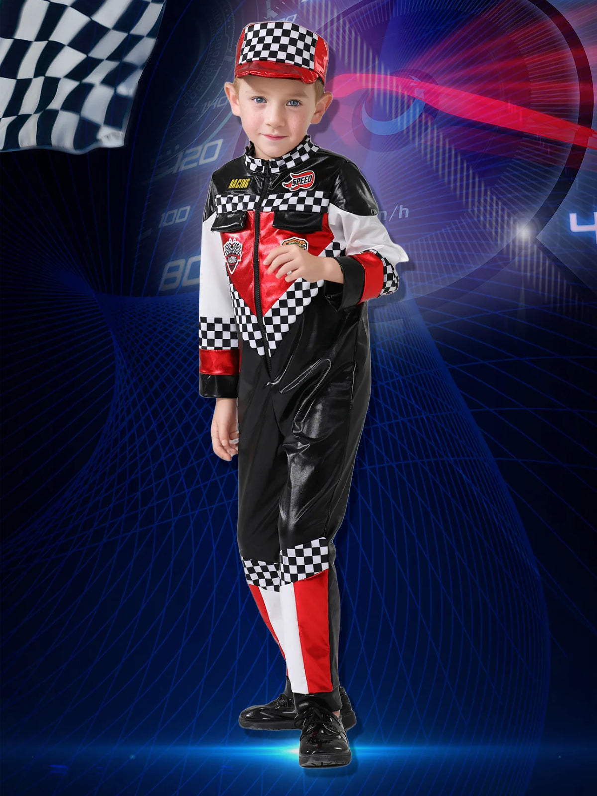 Costume Racing Driver Jumpsuit for Kids – Red & Checkered Race Car Dress-Up Set with Gloves