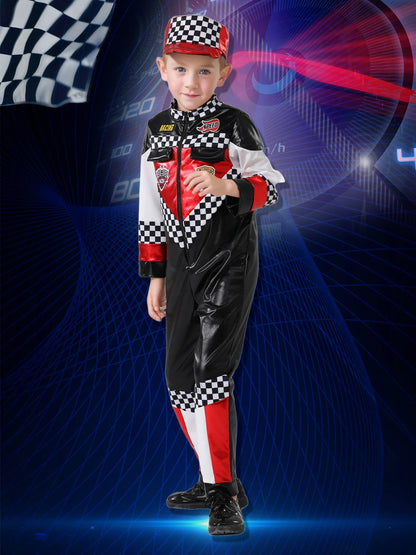 Costume Racing Driver Jumpsuit for Kids – Red & Checkered Race Car Dress-Up Set with Gloves