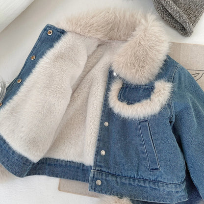 Faux Fur Trim Denim Jacket & Skirt Set for Girls