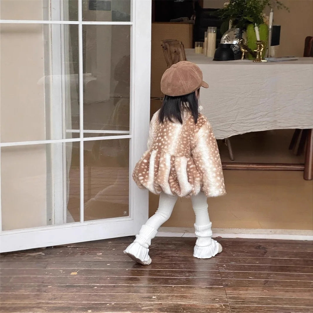 Deer Print Plush Winter Coat for Girls with Pom-Pom Ties