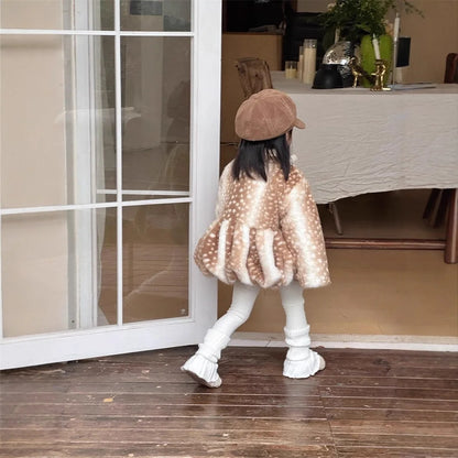 Deer Print Plush Winter Coat for Girls with Pom-Pom Ties