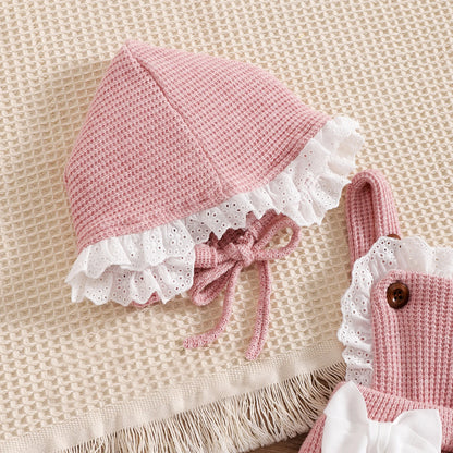 Pink Bow Ruffle Knit Baby Romper & Bonnet Set