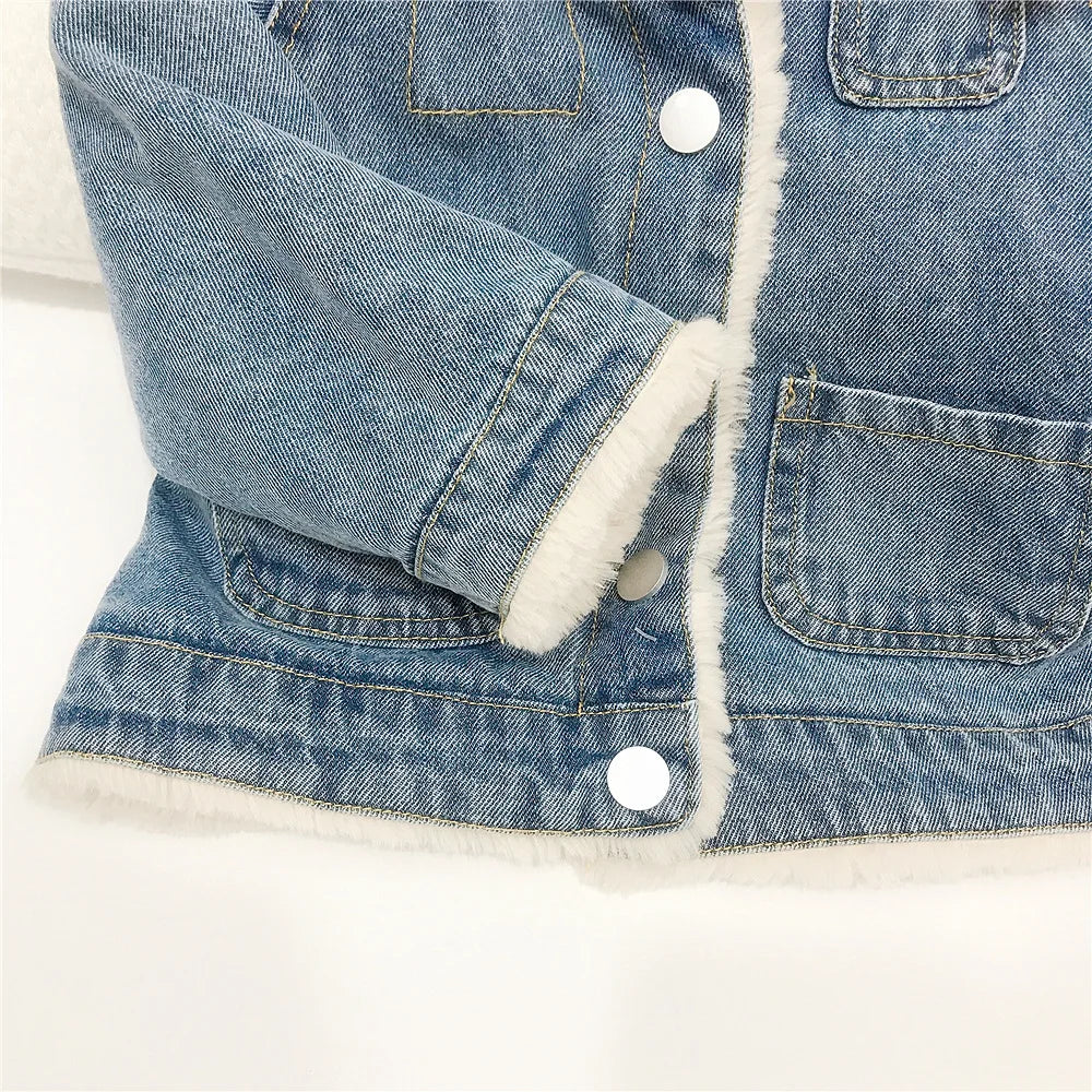 Girls Fleece-Lined Denim Jacket with Faux Fur Collar – Warm Winter Coat (1–6 Years)