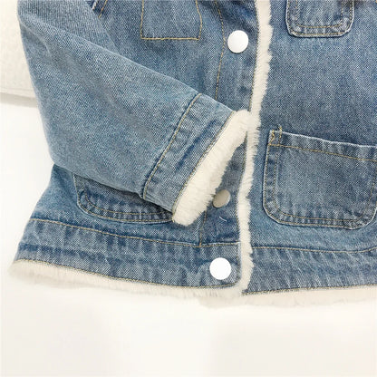 Girls Fleece-Lined Denim Jacket with Faux Fur Collar – Warm Winter Coat (1–6 Years)