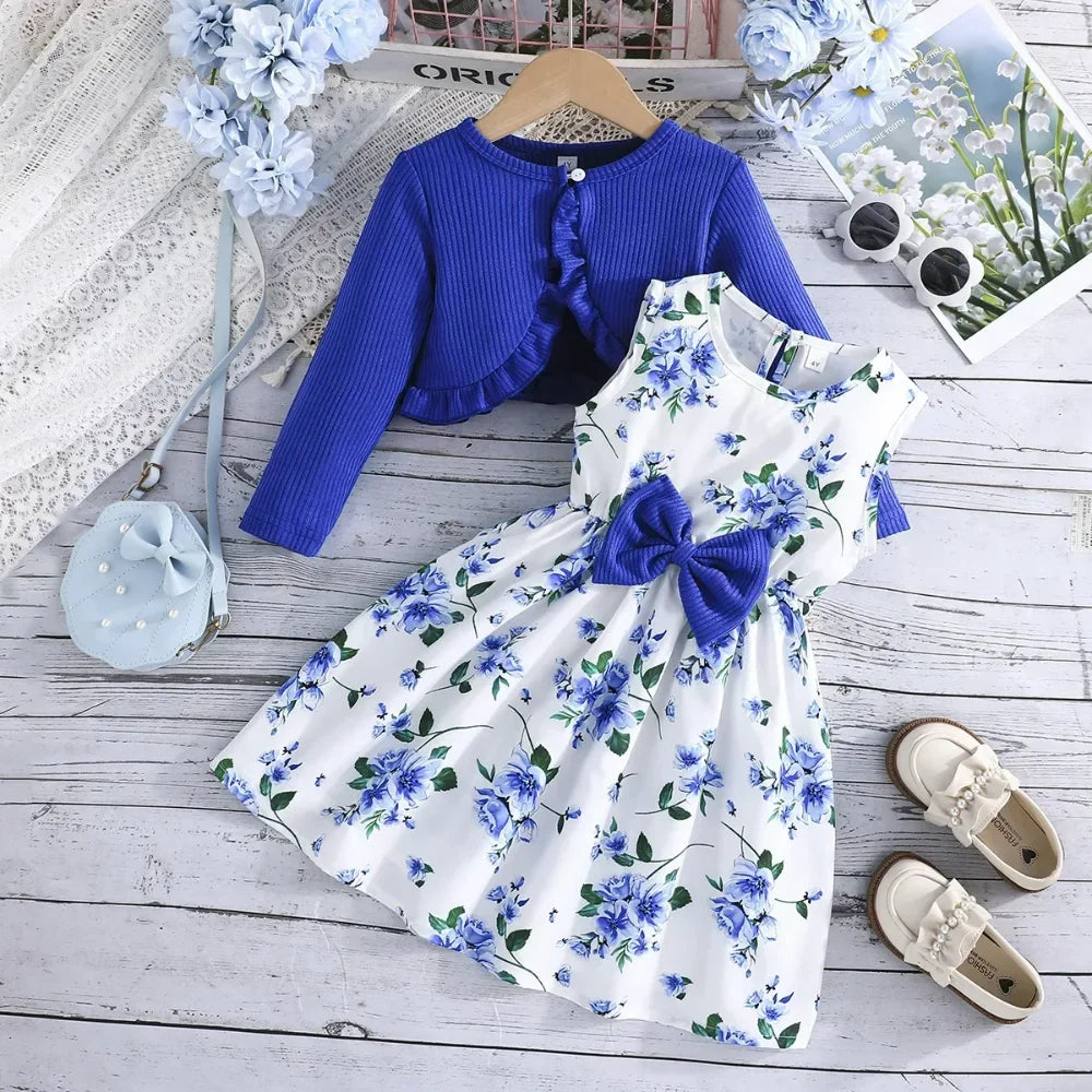 Floral Bow Dress & Ruffle-Trim Cardigan Set for Girls