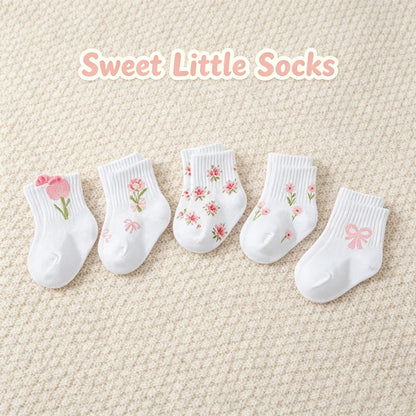 5-Pack Pink Floral & Bow Baby Girl Crew Socks