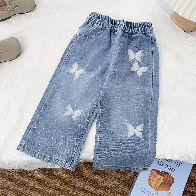 Butterfly & Bow Wide-Leg Denim Pants for Girls