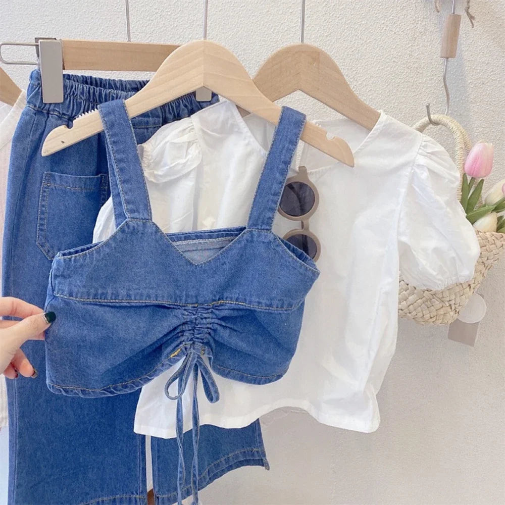 Ruched Denim Vest, Puff-Sleeve Top & Wide-Leg Jeans Set for Girls