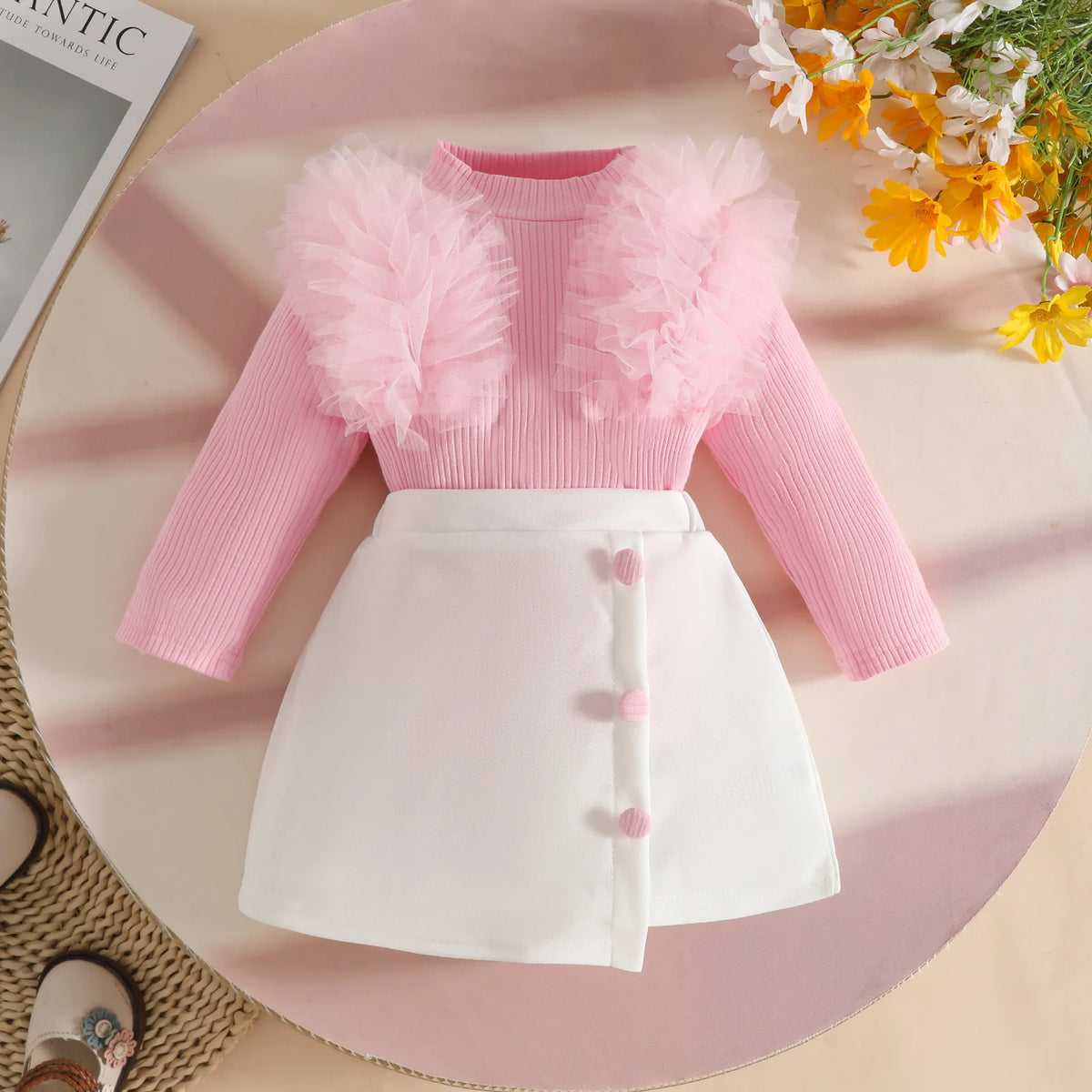 Floral Appliqué Ribbed Top & Pleated Shorts Set for Girls