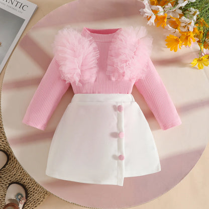 Floral Appliqué Ribbed Top & Pleated Shorts Set for Girls