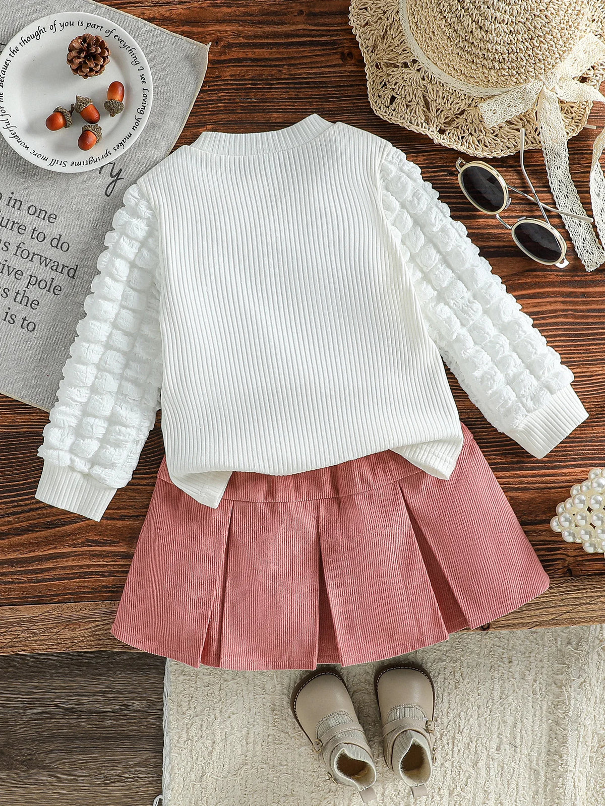3D Heart Textured Sleeve Top & Pleated Skirt Set for Girls
