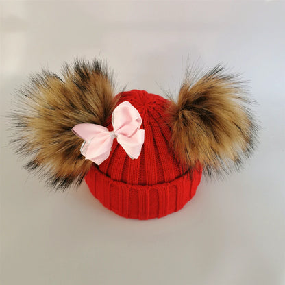 Double Pom Knit Beanie & Scarf Set with Bow