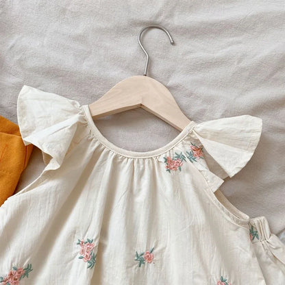 Embroidered Floral Flutter-Sleeve Top & Ruffle Shorts Set for Girls