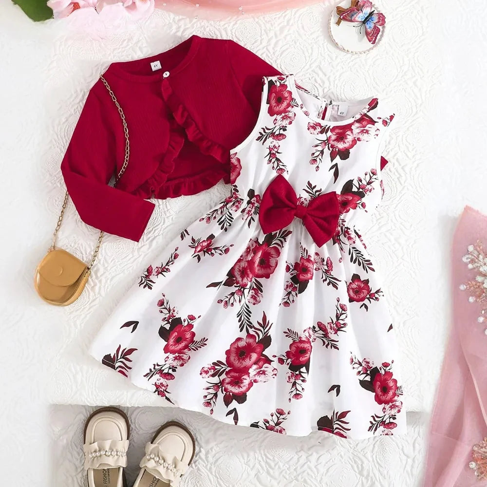 Floral Bow Dress & Ruffle-Trim Cardigan Set for Girls