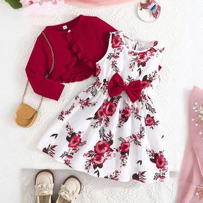 Floral Bow Dress & Ruffle-Trim Cardigan Set for Girls