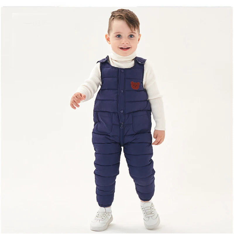Quilted Puffer Overalls with Bear Patch for Toddlers & Kids