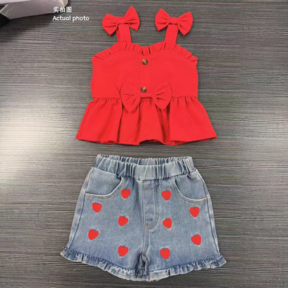 Bow-Shoulder Peplum Top & Heart Denim Shorts Set