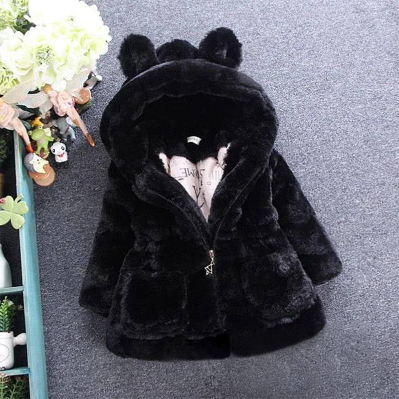 Bear-Ear Plush Hooded Winter Coat for Girls