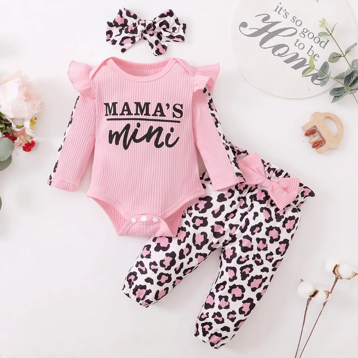 Ruffle-Sleeve Bodysuit, Printed Pants & Bow Headband Set for Baby Girls
