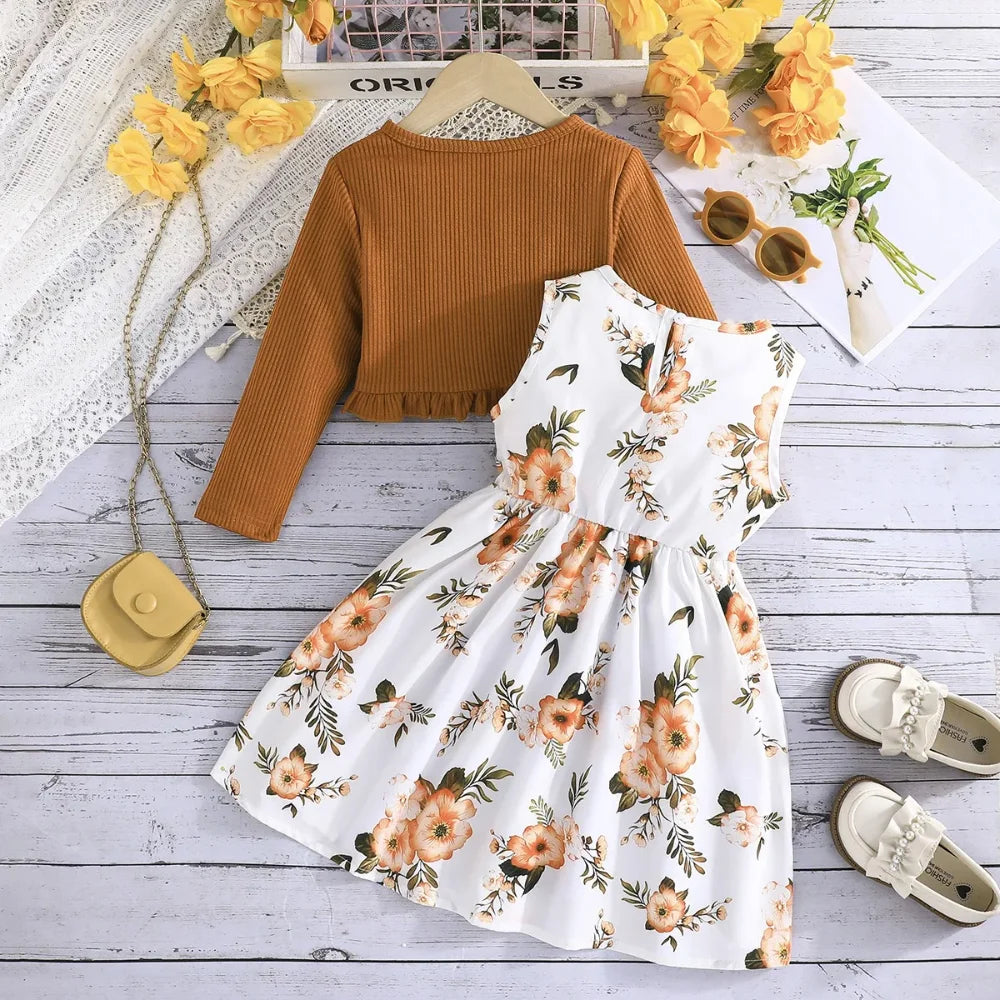 Floral Bow Dress & Ruffle-Trim Cardigan Set for Girls