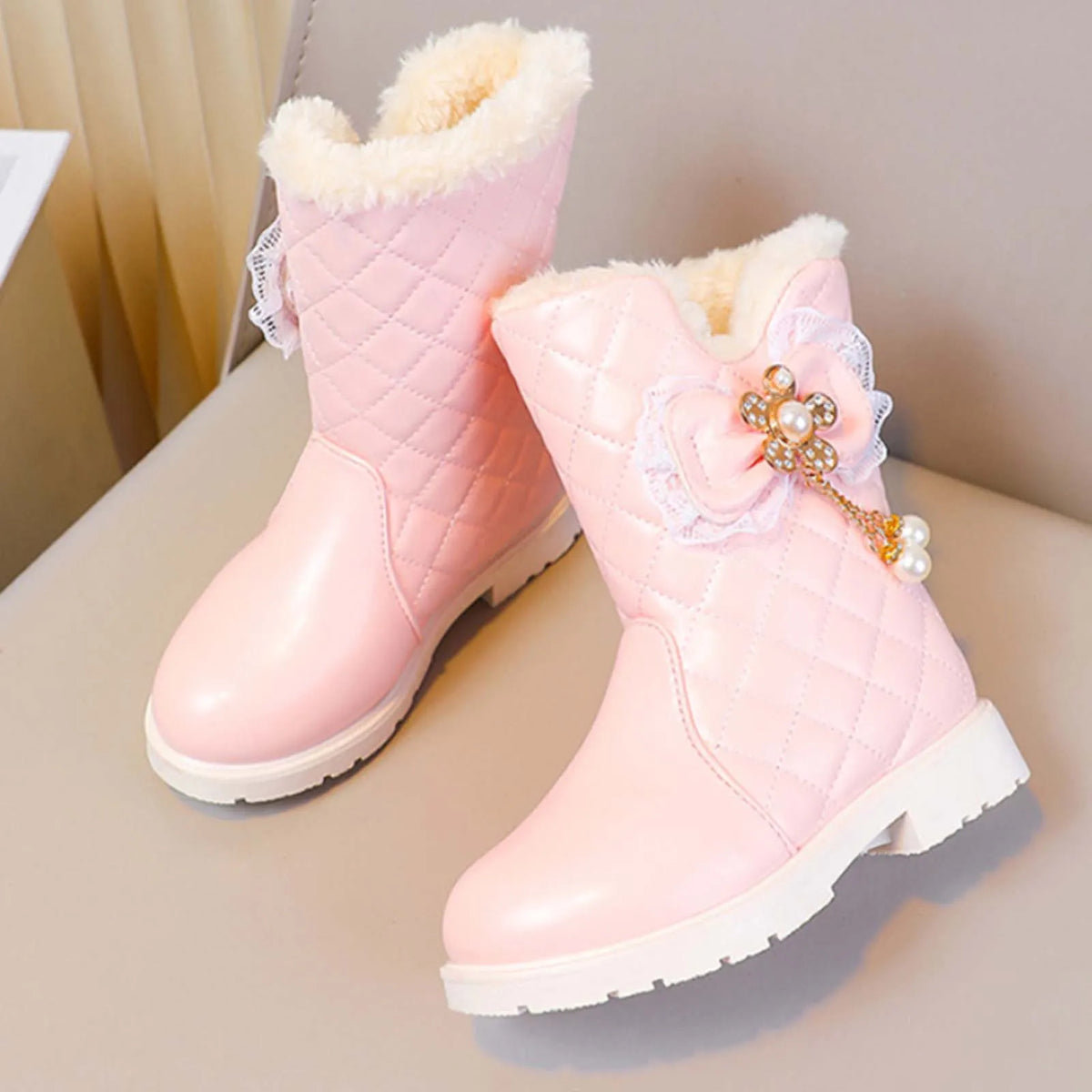 Quilted Bow Plush-Lined Ankle Boots for Girls