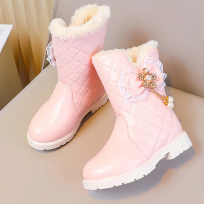 Quilted Bow Plush-Lined Ankle Boots for Girls
