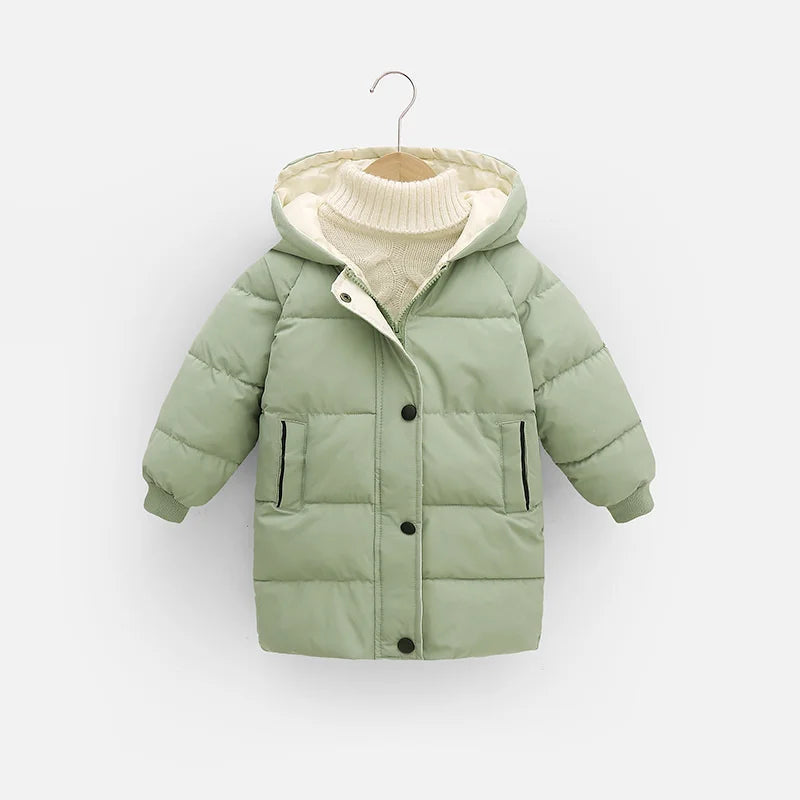 Hooded Winter Puffer Coat for Kids – Warm, Wind-Resistant Long Jacket