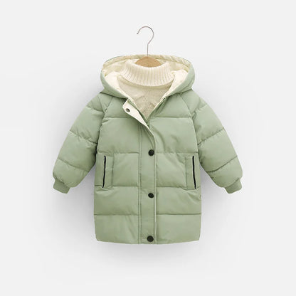 Hooded Winter Puffer Coat for Kids – Warm, Wind-Resistant Long Jacket