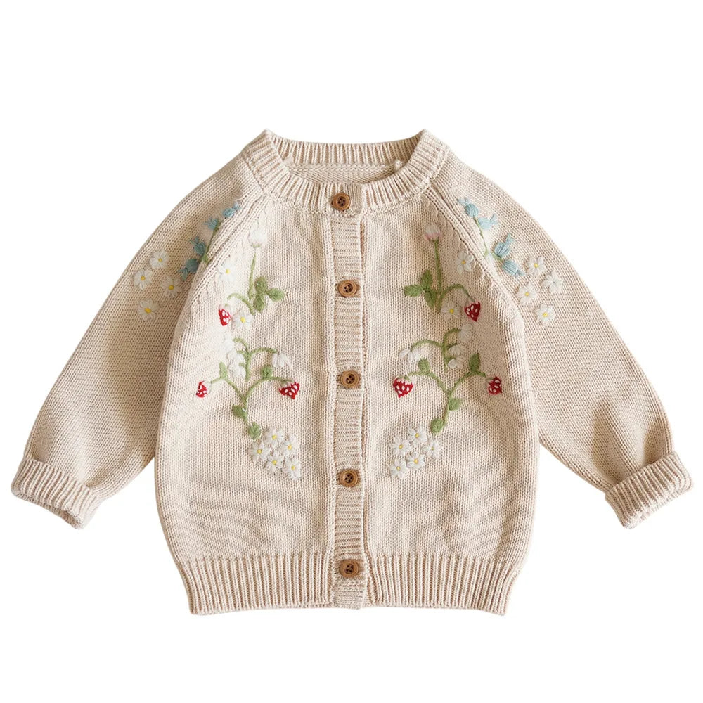 Baby & Toddler Girls Cotton Knit Cardigan (2–6 Years) – Button-Front Sweater with Duck Embroidery